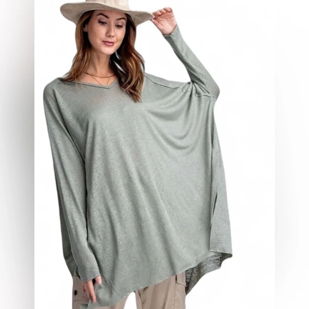 Easel Top Sz L Oversized 100% Sage Green Tunic Feminine Flowy Lightweight - Picture 1 of 8